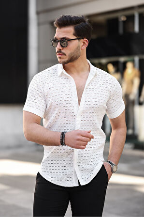 Erkek Kısa Kol Delikli Desen Örme Kumaş Regular Kalıp Kalıp Yeni Sezon Gömlek