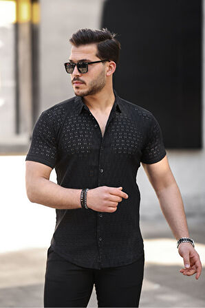 Erkek Kısa Kol Delikli Desen Örme Kumaş Regular Kalıp Kalıp Yeni Sezon Gömlek