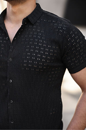 Erkek Kısa Kol Delikli Desen Örme Kumaş Regular Kalıp Kalıp Yeni Sezon Gömlek