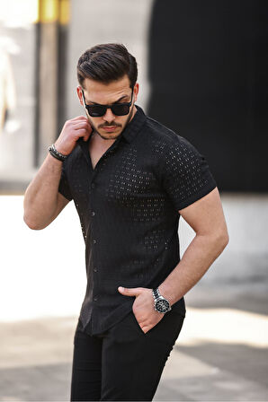 Erkek Kısa Kol Delikli Desen Örme Kumaş Regular Kalıp Kalıp Yeni Sezon Gömlek