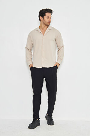 Erkek Yarım Oversize Uzun Kol Apaçi Yaka Ütü Gerektirmeyen Crep Desen Gömlek