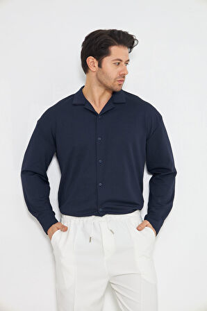 Erkek Yarım Oversize Uzun Kol Apaçi Yaka Ütü Gerektirmeyen Crep Desen Gömlek