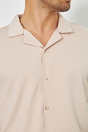 Erkek Örme Kumaş Düğmeli Apaçi yaka Şık Crep Desen Günlük Kullanıma Uygun Kısa Kol Gömlek