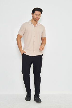 Erkek Örme Kumaş Düğmeli Apaçi yaka Şık Crep Desen Günlük Kullanıma Uygun Kısa Kol Gömlek