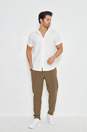 Erkek Örme Kumaş Düğmeli Apaçi yaka Şık Crep Desen Günlük Kullanıma Uygun Kısa Kol Gömlek