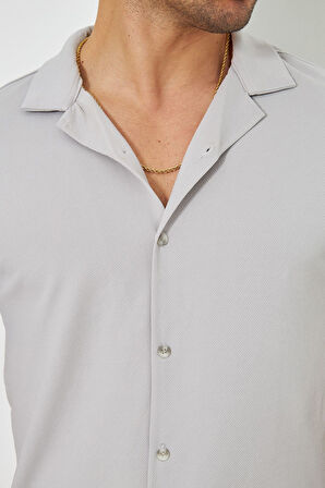 Erkek Örme Kumaş Düğmeli Apaçi yaka Şık Crep Desen Günlük Kullanıma Uygun Kısa Kol Gömlek