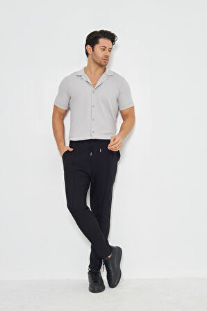 Erkek Örme Kumaş Düğmeli Apaçi yaka Şık Crep Desen Günlük Kullanıma Uygun Kısa Kol Gömlek