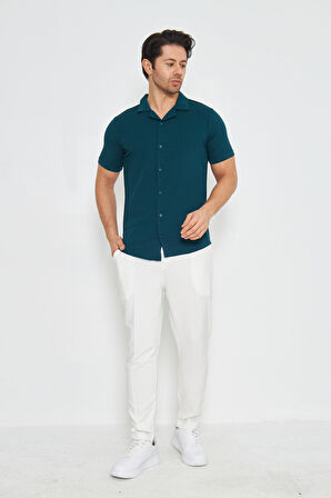 Erkek Örme Kumaş Düğmeli Apaçi yaka Şık Crep Desen Günlük Kullanıma Uygun Kısa Kol Gömlek