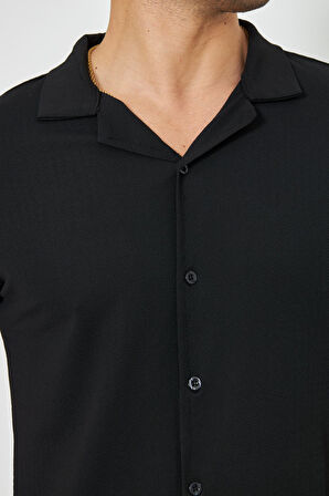 Erkek Örme Kumaş Düğmeli Apaçi yaka Şık Crep Desen Günlük Kullanıma Uygun Kısa Kol Gömlek