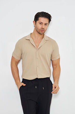 Erkek Örme Kumaş Düğmeli Apaçi yaka Şık Crep Desen Günlük Kullanıma Uygun Kısa Kol Gömlek