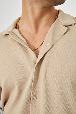 Erkek Örme Kumaş Düğmeli Apaçi yaka Şık Crep Desen Günlük Kullanıma Uygun Kısa Kol Gömlek