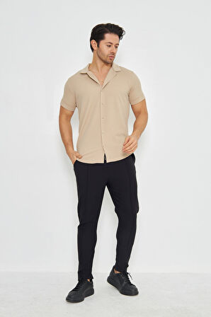 Erkek Örme Kumaş Düğmeli Apaçi yaka Şık Crep Desen Günlük Kullanıma Uygun Kısa Kol Gömlek