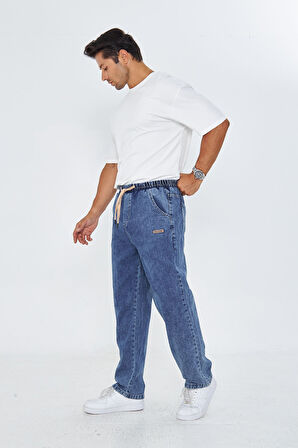 Erkek Baggy Düz Şık Etiket Detaylı Kot Pantolon 713