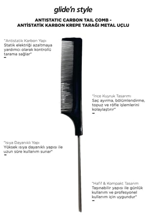 Antistatic Carbon Tail Comb - Antistatik Karbon Krepe Tarağı Metal Uçlu