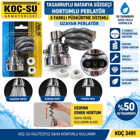 Tasarruflu Batarya Süzgeci Hortumlu Perlatör 3 Farklı Püskürtme Sistemli Uzayan Perlatör Koç 3491