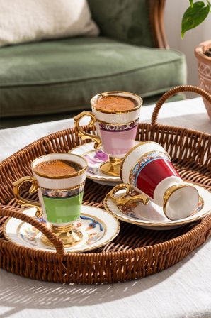 Porsima 2001 12 Parça Yaldızlı Porselen Türk Kahve Fincan Takımı - Renkli Kahve Fincan Seti - 90ml
