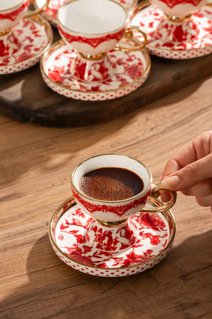 Porsima 2003 12 Parça Yaldızlı Porselen Türk Kahve Fincan Takımı - Kahve Fincan Seti Kırmızı - 90ml