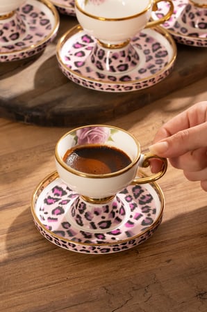 Porsima 2005 12 Parça Yaldızlı Porselen Türk Kahve Fincan Takımı - Gül Motifli - 90ml