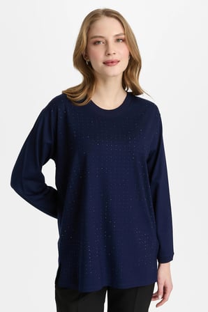 30460 Sıfır Yaka Taşlı Bluz