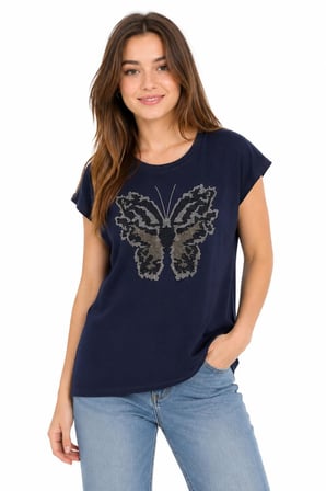 KADIN KELEBEK DESENLİ KISA KOLLU T-SHIRT Y26-30502-Lacivert