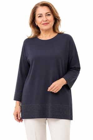 Büyük Beden Kol ve Etek Ucu Mini Taş İşlemeli Truvakar Kol Kadın Bluz Y26-30506-Lacivert