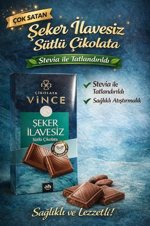 Sütlü Şekersiz Çikolata 100 g Stevia Tatlandırıcılı Diyabetik % 55 Kakao, Şeker İlavesiz Çikolata