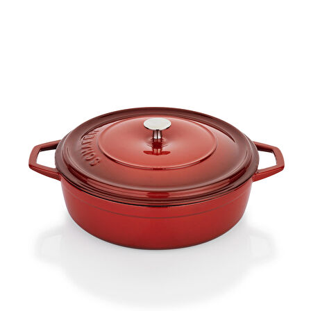 Schafer Guss Chef Döküm Basık Tencere 28Cm-2 Parça-Kırmızı
