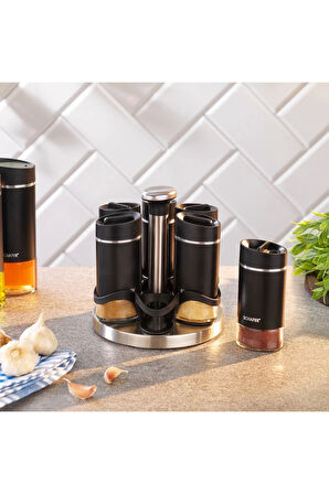 Schafer Silver Touch Döner Standlı Baharat Takımı 7 Parça Siyah