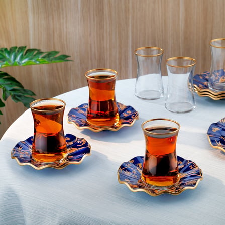 Schafer Golden Bird 6 Kişilik Cam Çay Seti 12 Parça-Lacivert