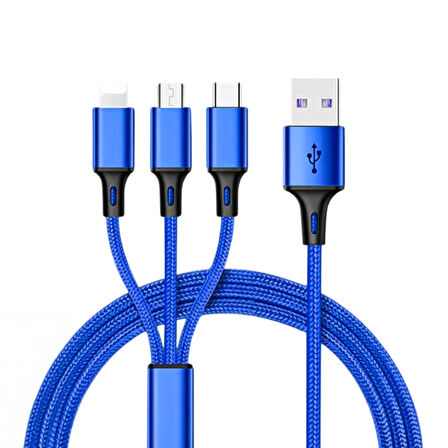 Ayt Powermaster 3 İn 1 Mavi 1.2 Metre Type-c Micro Lightning İphone Şarj Data Kablosu