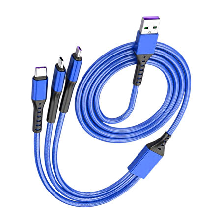 Ayt Powermaster 3 İn 1 Mavi 1.2 Metre Type-c Micro Lightning İphone Şarj Data Kablosu