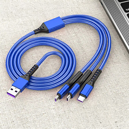 Ayt Powermaster 3 İn 1 Mavi 1.2 Metre Type-c Micro Lightning İphone Şarj Data Kablosu