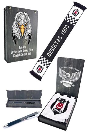 Beşiktaş Orijinal Dokuma Atkı 1903 Baskılı+ Tükenmez Kalem Set Hediyelik Ahşap Kutulu