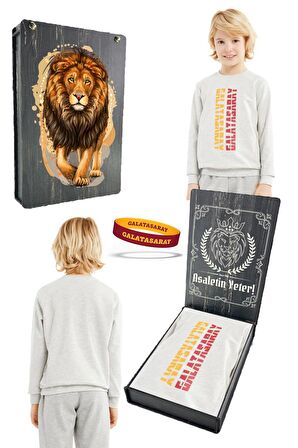 Galatasaray Orijinal Gri Çocuk Sweat Bileklik Set Hediyelik Ahşap Kutulu