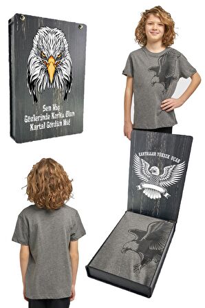 Beşiktaş Orijinal Kartal Baskılı Gri Çocuk T-shirt Hediyelik Ahşap Kutulu