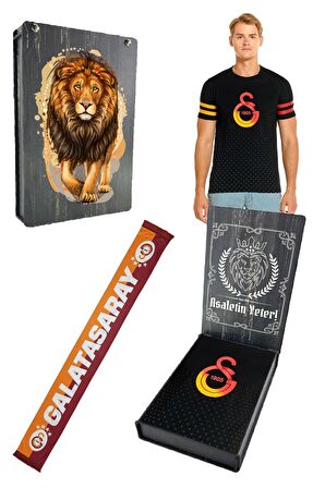 Galatasaray Orijinal Logo Baskılı Siyah T-Shirt + Gs Atkı Hediyelik Set Özel Tasarım Ahşap Kutulu