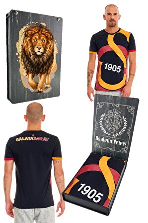 Galatasaray Orijinal Lisanslı Unisex Siyah Arma T-Shirt Gs Aslan Baskılı Hediyelik Ahşap Kutulu