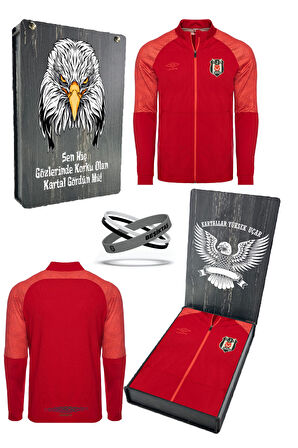Beşiktaş Orijinal Lisanslı Fermuarlı Dik Yaka Cepli Kırmızı Antrenman Sweat + Bileklik Set Kutulu