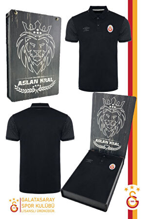 Galatasaray Orijinal Lisanslı Polo Yaka Siyah Spor T-Shirt Hediyelik Ahşap Kutulu