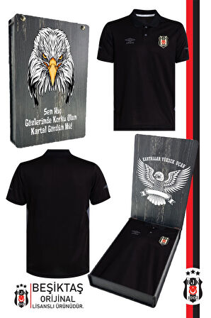 Beşiktaş Orijinal Lisanslı Polo Yaka Siyah T-Shirt Kartal Baskılı Ahşap Kutulu