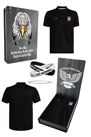 Beşiktaş Orijinal Lisanslı Polo Yaka Siyah T-Shirt + Bileklik Set Özel Ahşap Kutulu