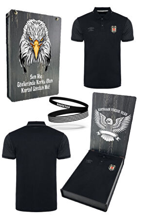 Beşiktaş Orijinal Lisanslı Polo Yaka Siyah Spor T-Shirt + Bileklik Set Özel Ahşap Kutulu