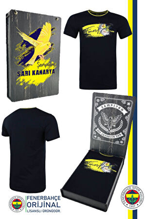 Fenerbahçe Orijinal Lisanslı Sıfır Yaka Lacivert T-Shirt Kanarya Baskılı Hediyelik Ahşap Kutulu