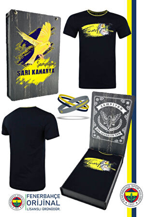 Fenerbahçe Orijinal Lisanslı Sıfır Yaka Lacivert T-Shirt + Bileklik Set Hediyelik Ahşap Kutulu