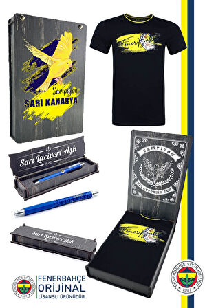 Fenerbahçe Orijinal Lisanslı Sıfır Yaka Lacivert T-Shirt + Kalem Set Hediyelik Ahşap Kutulu