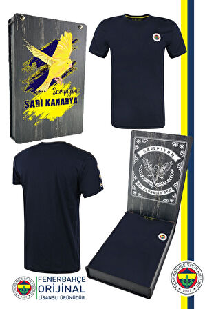 Fenerbahçe Orijinal Lisanslı Sıfır Yaka Basic T-Shirt Kanarya Baskılı Hediyelik Ahşap Kutulu