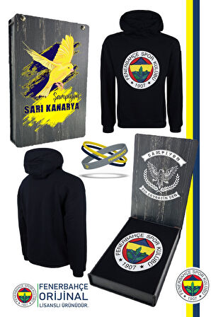 Fenerbahçe Orijinal Lisanslı Logolu Lacivert Kapüşonlu Sweat + Bileklik Set Özel Ahşap Kutulu