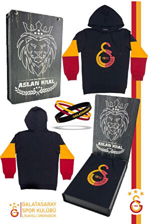 Galatasaray Orijinal Lisanslı Logo Siyah Kapüşonlu Çocuk Sweat Bileklik Set Hediyelik Ahşap Kutulu