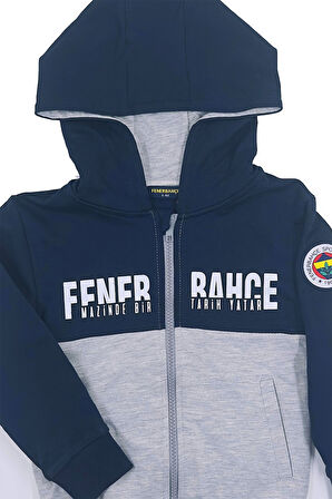 Fenerbahçe Orijinal Lisanslı Kapüşonlu Fermuarlı Lacivert Gri Çocuk Sweat Hediyelik Ahşap Kutulu