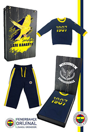 Fenerbahçe Orijinal Lisanslı Uzun Kol Lacivert Bebek 1907 Sweat Eşofman Alt Set Ahşap Kutulu